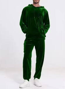 Men's Black Velvet <b>Hoodie</b> And Pants Tracksuit Full Sleeve Solid Color Casual Autumn Wear With Side Pockets Elastic Waist - Product Image 3