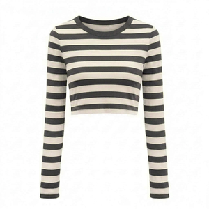 Camiseta corta personalizada para mujer, color gris carbón con rayas blancas, manga larga, cuello redondo, de secado rápido, ligera, de poliéster, a la moda. - Product Image 1