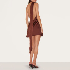 Wholesale Brown Satin Halter Neck Asymmetric Mini <b>Dress</b> Sleeveless Bodycon Fitted Backless Party Wear Summer Neck Tie Mini <b>Dress</b> - Product Image 2