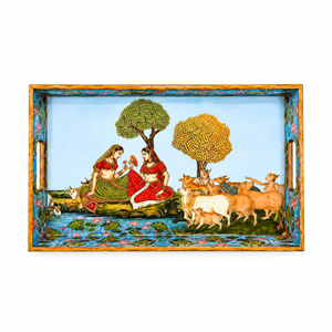 Plateau de service en émail et bois naturel Heritage |   Assiette rectangulaire traditionnelle indienne pour mariage, Diwali, thé, café, collations et repas - Product Image 1