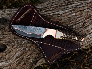 Cuchillo vaquero Skinner de acero damasco y cobre con funda de cuero y mango de cuerno de ciervo, regalo para él, regalos de boda, regalo para hombre - Product Image 4