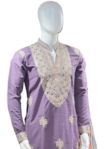 Women's Purple Embroidered <b>Kurta</b> Traditional Indian Pakistani Wedding Wear Regular Fit Midi Length Silk Top - Product Image 1