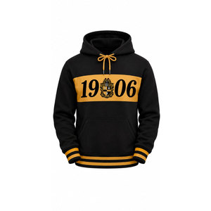 Black <b>Men's</b> 100% Cotton Fleece <b>Hoodie</b> for Crest Print Embroidered Pullover Sweatshirt Winter <b>Yellow</b> Stripe Pocket - Product Image 2