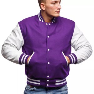 New Arrival Top Ranking Men's Lettering Baseball Purple <b>White</b> Varsity <b>Jacket</b> Blank Lettermen College Wool PU Leather <b>Jackets</b> - Product Image 4