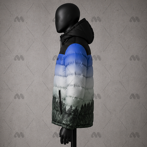 Chaqueta de invierno para hombre, tipo puffer, con cuello alto, capucha, cierre de cremallera, relleno alternativo a plumón, con bolsillo y logotipo personalizado. - Product Image 5
