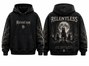 Sudadera con Capucha AcidWash Relentless Wolf Pack para Hombre, Negra, de Algodón French Terry, Estampada, Informal, de Invierno, con Bolsillo Delantero - Product Image 1