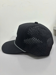 Trucker Hat Black Mesh Breathable 5-<b>Panel</b> Adjustable Unisex Casual <b>Decorative</b> Rope Rubber Print Front Logo Perforated Hats - Product Image 2