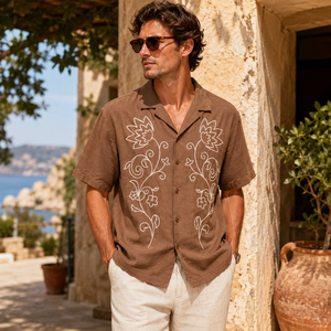 Luxury Men's Brown Floral Embroidered Cotton <b>Shirt</b> <b>Half</b> Sleeve Casual Resort Wear <b>Shirt</b> for Men - Product Image 1