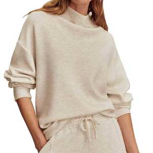 Sudadera beige de cuello alto para mujer, de manga larga, oversize, de forro polar, bordada, estilo loungewear, informal, para invierno, estilo urbano. - Product Image 3