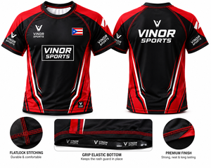 Camiseta Deportiva Vinor Negra y Roja de Manga Corta con Estampado de la Bandera de Puerto Rico por Sublimación, de Secado Rápido, Unisex para Adultos - Product Image 5