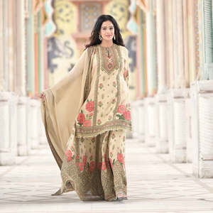 Vêtements et accessoires musulmans traditionnels : Ensemble Sharara et Dupatta imprimé numérique avec dentelle Latkan, beige, taille L, 950g, fabriqué à Hong Kong - Product Image 1