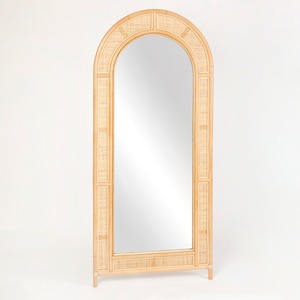 Natural Handmade Rattan <b>Large</b> Arched Floor Standing Mirror Full Length Mirrors for Changing Room - Product Image 1