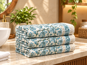 <b>Hand</b> Block Printed Cotton Bath <b>Towel</b> Set Blue Floral Indian Block Print <b>Towels</b> Soft Absorbent Printed <b>Bathroom</b> <b>Towels</b> - Product Image 2