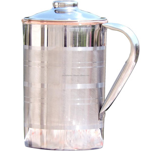 Stainless Steel Copper Lined Water <b>Jug</b> Pitcher with Lid Double Layer Ayurvedic <b>Drinking</b> Pot Hotel Restaurant Drinkware - Product Image 1