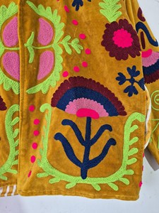 Handmade <b>Yellow</b> Velvet Suzani Embroidered Jacket with Floral Print Full Sleeve Stand Collar Bohemian Women's Winter <b>Coat</b> - Product Image 5