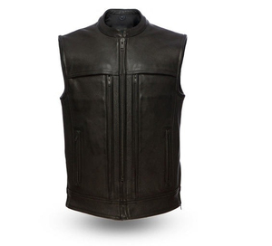 Gilet moto en cuir véritable pour homme, col montant, fermeture éclair, couleur unie, vêtement d'extérieur pour l'automne, coupe classique - Product Image 6