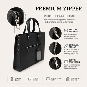 Porte-documents en cuir véritable noir imperméable avec poignée supérieure, poche avant zippée, doublure en polyester, design de luxe et tendance - Product Image 5