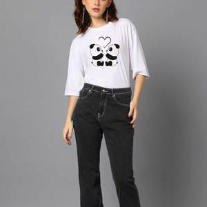 Camiseta con estampado de panda para mujer, manga tres cuartos, corte holgado, cuello redondo, 100% algodón, transpirable, estilo para todas las estaciones - Product Image 5