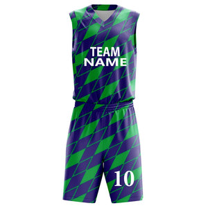 Sublimated Basketball Uniform Set Purple Green Diamond Pattern V-Neck Sleeveless Jersey Shorts Moisture Wicking Adult Unisex - Product Image 1