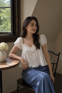 Premium Quality Summer Vacation Two Piece Woven Suit-White Elegant Blouse & Breathable Blue Casual <b>Pants</b> 100% Cotton Outfit Set - Product Image 2