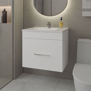 Mobile Bagno Sospeso Bianco con Lavabo e Cassetto, Serie Elegant Story - Product Image 1