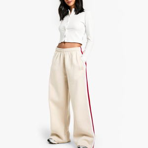 Women Cream Sweatpants With Red And <b>White</b> Side Stripe Elastic Waist Casual Autumn Knitted Pants - Product Image 6