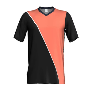 Maillot de football personnalisé pour homme, col en V, coloris contrastés noir et corail, manches courtes, tissu polyester anti-humidité - Product Image 1