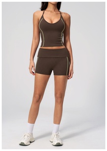 Brown Seamless Yoga Set Halter <b>Crop</b> <b>Top</b> High Waist Shorts Contrast Stitch Breathable Spandex Polyester 2 Piece - Product Image 3