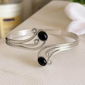 Sterling Silver Wave Bangle-Double Stone Adjustable Swirl Cuff-Elegant Handmade Artisan Jewelry Women Rhodium Plated IGI - Product Image 4