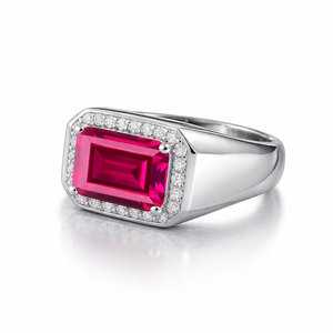 Men's Ruby and White Zircon <b>Emerald</b> Cut Prong Setting Minimalist Signet <b>Ring</b> 925 Sterling <b>Silver</b> Geometric - Product Image 2
