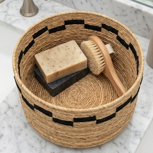 Handcrafted Natural Seagrass Woven <b>Storage</b> Basket Black Checkered Round Decorative Organizer <b>Bin</b> For Boho Home Decor - Product Image 2