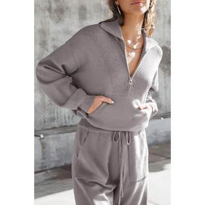 <b>Women's</b> 2 Piece <b>Knitted</b> Sweater Set Zip Hooded Sweatshirt <b>Jogger</b> Sweatpants Casual Solid Gray Full Sleeve Short Sweating - Product Image 3