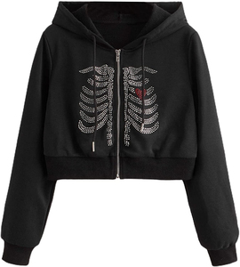Custom Women's Rhinestone <b>Zip</b> <b>Up</b> Hoodie Black Skeleton Rib Cage Crystal <b>Cropped</b> Hoodie Full <b>Zip</b> Streetwear Wholesale OEM - Product Image 1