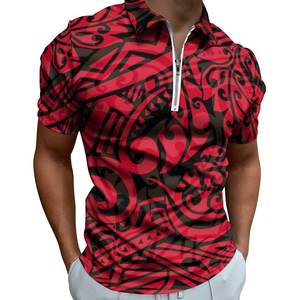 Polo à manches courtes pour homme, imprimé tribal rouge et noir, style décontracté, respirant, en polyester sublimé, avec fermeture éclair. - Product Image 1