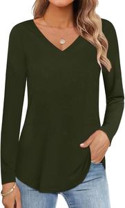 Camisetas de Mujer 100% Algodón, Verano, Cuadros, Cuello en V, Manga Larga, Casual, Holgadas, Tejidas, con Logotipo Frontal - Product Image 6