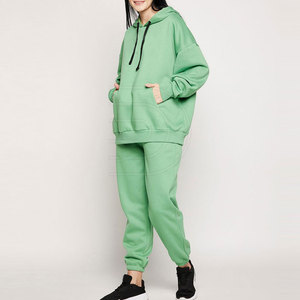 Conjunto Deportivo Verde con Capucha para Mujer, Manga Larga, Color Sólido, Corte Holgado, Informal, para Otoño, con Bolsillos Laterales y Cintura Elástica - Product Image 1