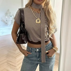 เสื้อยืดโพลีเอสเตอร์น้ำหนักเบาสำหรับผู้หญิง แขนสั้น คุณภาพสูง เสื้อสวมใส่สบายๆ แบบถัก เสื้อสเวตเตอร์ผู้หญิง รับผลิตแบบ OEM ODM - Product Image 1