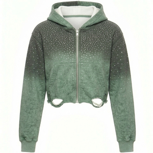 Vintage Winter Washed <b>Cropped</b> <b>Zip</b>-<b>Up</b> <b>Hoodie</b> Unisex Slim Fit Oversized Streetwear Rhinestone Print Digital Acid Wash Fleece - Product Image 2
