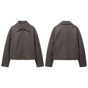 High Quality Faux Material Women Leather <b>Jacket</b> Dark Brown Pointed Collar Breathable <b>Short</b> Cropped <b>Sleeves</b> Womens Coats - Product Image 3