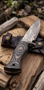 Damascus Steel Hunting <b>Knife</b> With Wood Handle Drop Point Blade 0.6mm Thickness Bevel Edge Leather Sheath Included - Product Image 2