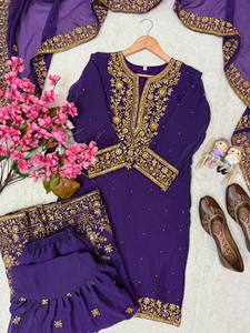 Conjunto de Kurta, Palazzo y Dupatta Bordado Morado para Mujer, Estilo Indio-Pakistaní, Manga Larga, Vestido Floral con Microforro de Secado Rápido - Product Image 6