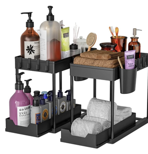 OEM/ODM Vietnam 2 Tier Under Sink Organizer Sliding Cabinet Rack with <b>Hooks</b> Kitchen Bathroom Storage <b>Shelf</b> - Product Image 1