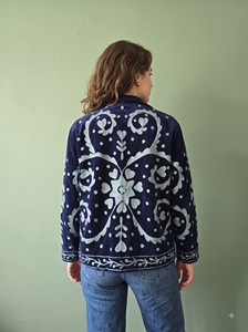 Morvi-Fab #70 <b>Women</b>’s Navy Blue <b>Embroidered</b> <b>Jacket</b>, White Floral Suzani Design, Striped Cuff Detail, Boho Ethnic Outerwear, - Product Image 6
