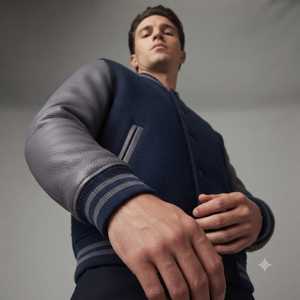 <b>Men's</b> Blue Varsity <b>Jacket</b> 2026 27 With Gray <b>Leather</b> Sleeves Turn-down Collar Single Button Closure Casual Autumn Wear - Product Image 4
