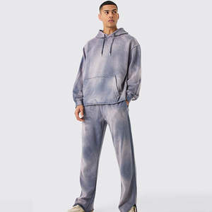 Conjunto de Sudadera con Capucha y Pantalón de Chándal de Algodón para Hombre, Estilo Casual de Otoño, Vintage, Lavado Ácido, Desgastado, Ropa Urbana, Tejido Sólido Transpirable - Product Image 1