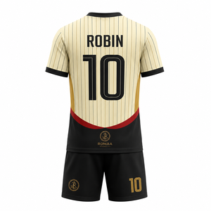ชุดฟุตบอลสีดำทองแดงลายทางแบบกำหนดเอง เสื้อเจอร์ซีย์ กางเกงขาสั้น คอวี ชุดทีมพิมพ์ลายแบบ Sublimation โรงงาน OEM คุณภาพพรีเมียม - Product Image 2