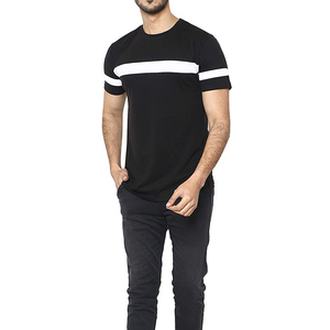 T-shirt à manches courtes en jersey respirant pour homme, taille plus, noir, avec bordure contrastée à rayures blanches, col rond, design tricoté décontracté - Product Image 5