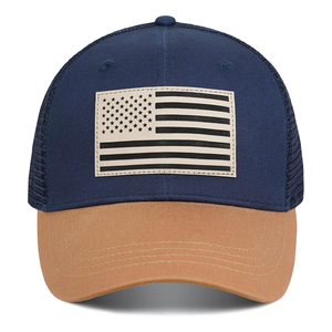 <b>Navy</b> Blue Trucker Cap With American Flag Patch Tan Brim Unisex Adjustable 6-Panel Casual <b>Hat</b> - Product Image 1