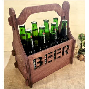 Porte-bouteilles en bois durable pour 6 bières, fabriqué à la main, style rustique, pour les fêtes, les cadeaux, le bar à domicile, caddie en bois - Product Image 1