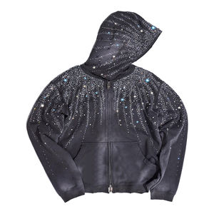 Sweat à capuche zippé surdimensionné pour homme, 100% coton épais, style vintage, broderie, délavage acide, entièrement orné de strass, idéal pour l'hiver - Product Image 4